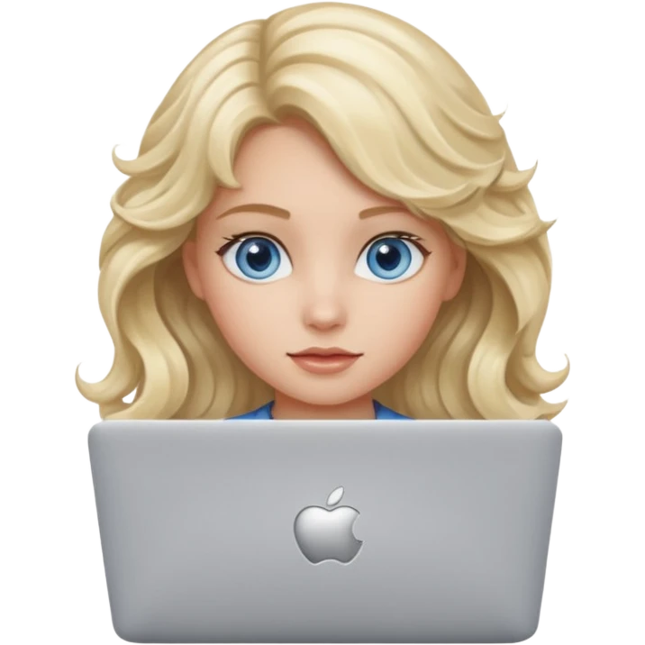 blond girl, blue eyes, hair wavy, , behind her silver colored laptop from apple emoji