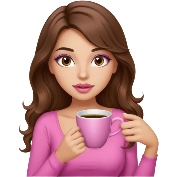girl with long wavy brown hair, brown eyes, light to medium complexion, in a pink sexy top, pink lips, long lashes sipping coffee emoji