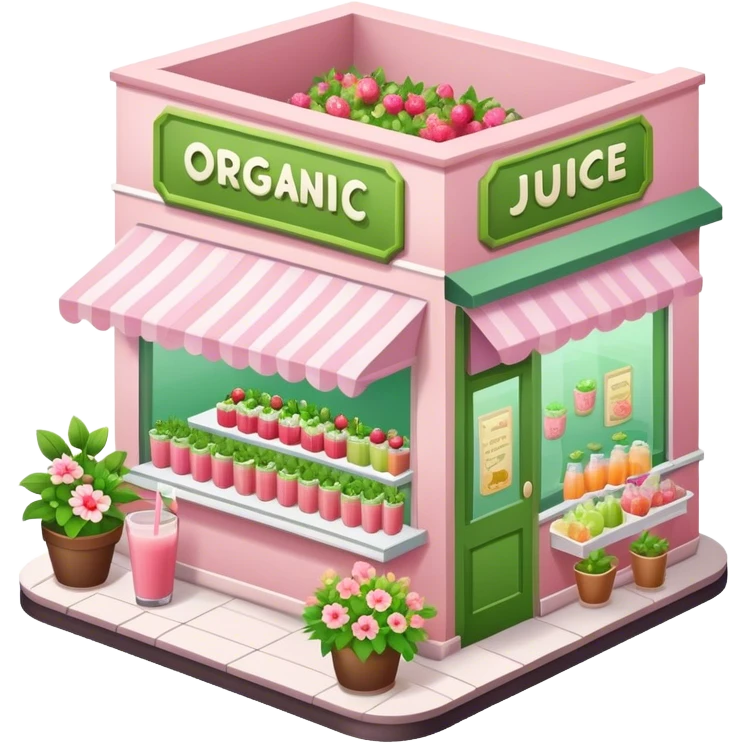 Organic juice shop, light pink and green and decorated with lots of florals, isometric emoji