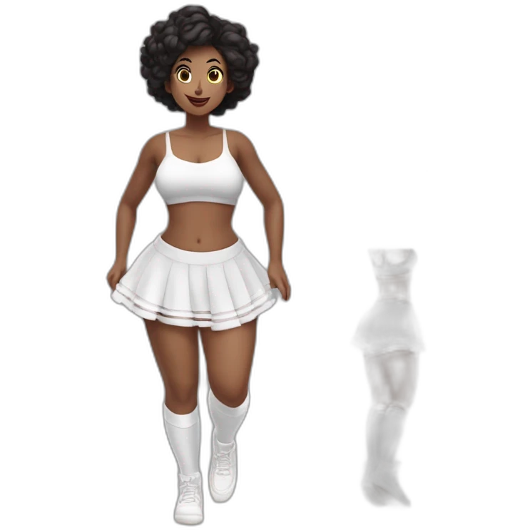 full-body-caucasian-curvy-beauty-jumping-short-black-skirt-back-and-front-views-strong-wind-white-knickers-long-white-socks emoji