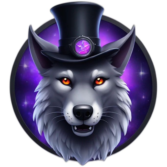demonic wolf with a pentagram top hat and a pentagram chain with a haunting night background emoji
