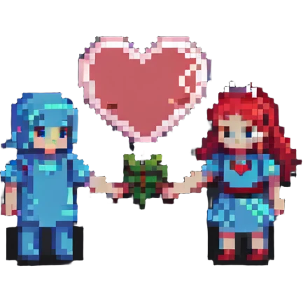 pixel art characters holding hands with heart emoji