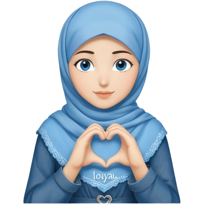Turkish beautiful finish Konya girl blue eyes with denim hijab islamic dress and making heart with hands and with thank you text emoji
