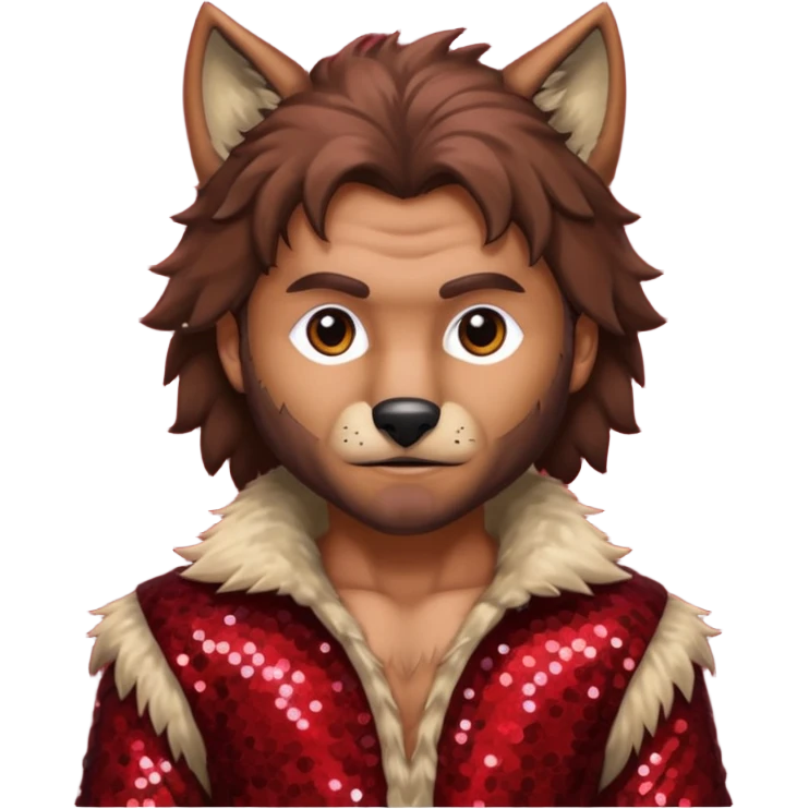 The Wolf Man with tan skin brown hair and fur, dark red sequin outfit emoji