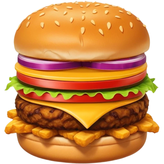 A clean and simple icon of fast food in emoji-style illustration. A burger with fries, nuggets and shawarma, bright and bold colors, simple shapes, flat design, high contrast, inviting and appetizing. emoji