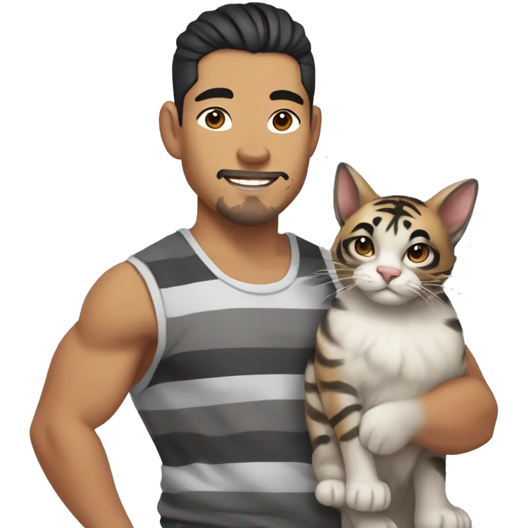  Asian Pilipino man with a few freckles and big muscular calves, a beard and man-bun hair style holding a kitty cat that is grey and black with tiger stripes  emoji