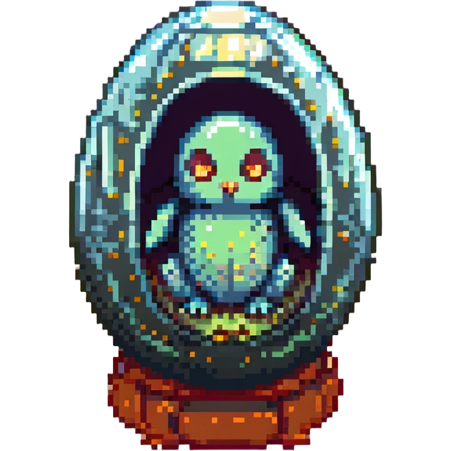 a tiny fetal shape inside of a large glass egg, alien embryo, eerie, tiny glowing eyes emoji