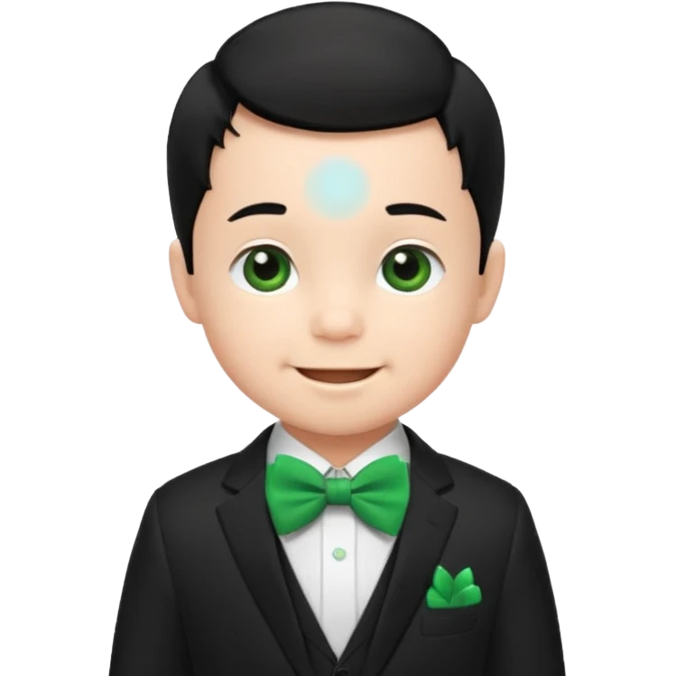 baby boy black hair in suit, with green bow, happy emoji