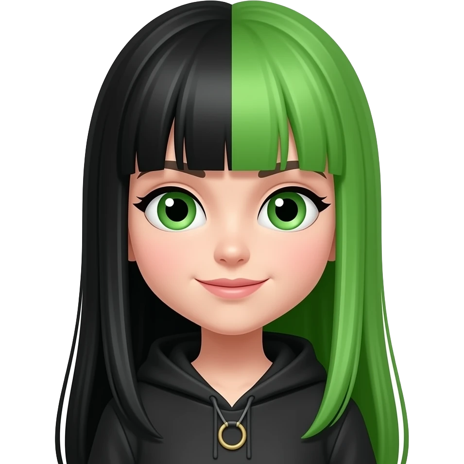 Mirabelle, a witch girl with black and green split straight long hair emoji