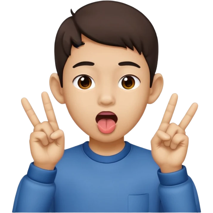a boy with asian eyes holding his ears out with 2 fingers and with his tongue out emoji