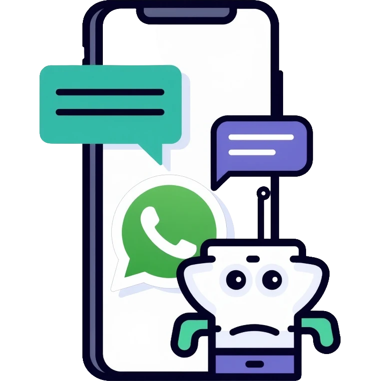 iPhone displaying WhatsApp interface with chat bubbles and a robot icon representing AI bot conversation emoji