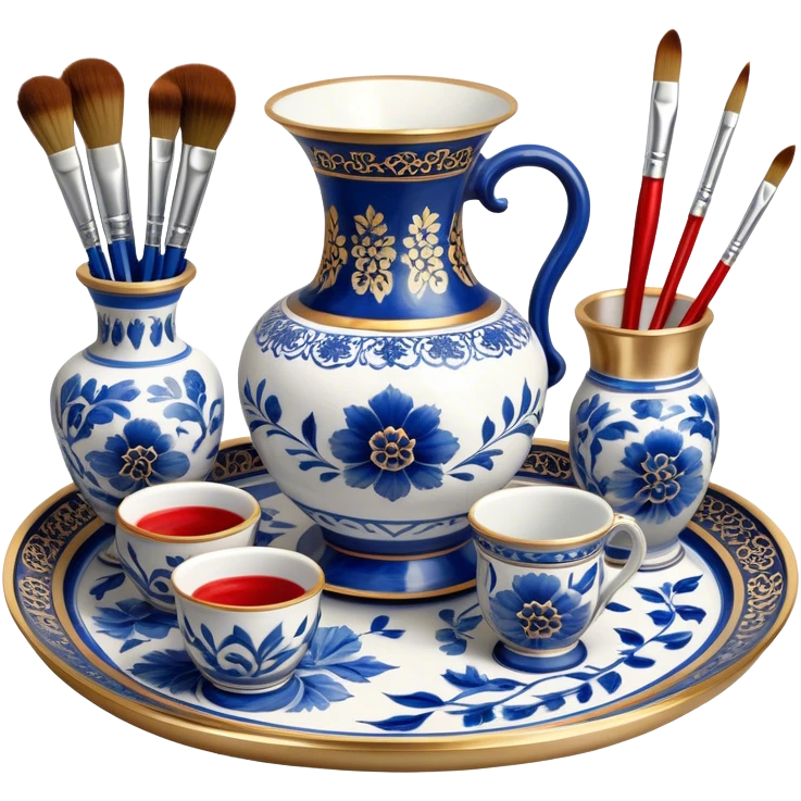 Metal painting icon, a metal vase, tray and metal cup with brushes, each decorated with different techniques: Gzhel-style blue floral patterns, Chinese red and gold designs, and intricate Golden embroidery-style details. Visible fine paintbrush, paint pots, and accessories like porcelain palette, minimalistic style, clean lines, transparent background. emoji