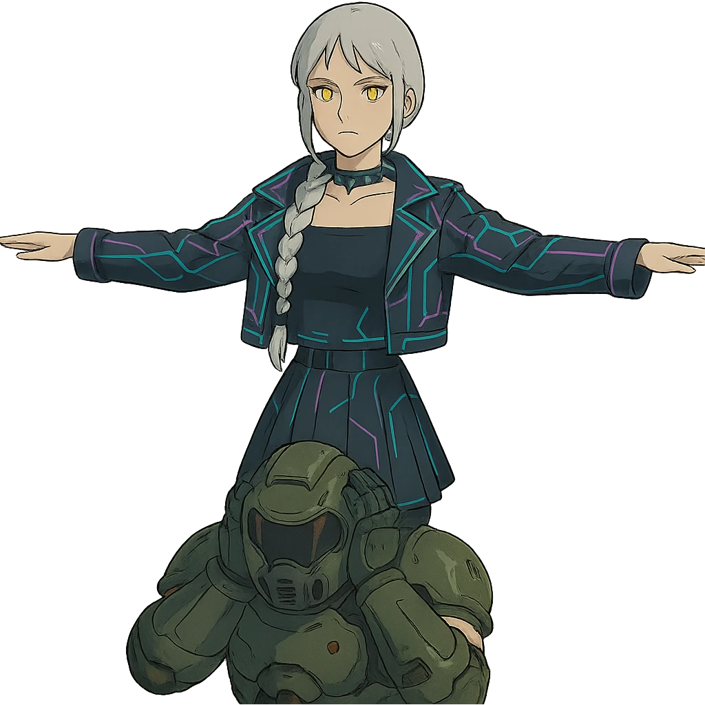  young woman with gold yellow eyes, white hair, long braid, black off-shoulder top, punk gothic style, futuristic cyberwave cyberpunk,, she is calmly t-posing above a cowering doomguy emoji