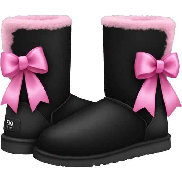 Realistic black Ugg fur boots with pink ribbon bows and stitching isolated.  emoji