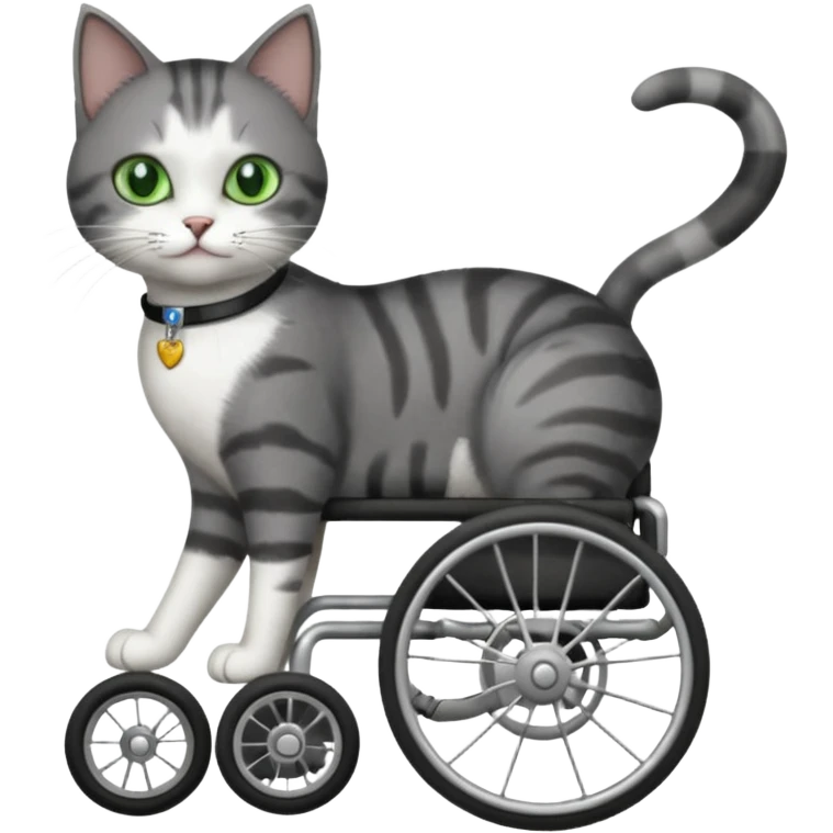 full body small short hair dark grey and white cat with green eyes walking in a wheelchair for cats emoji