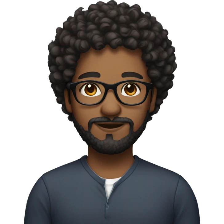 Black curly hair, brown skin, a beard, and wearing glasses emoji