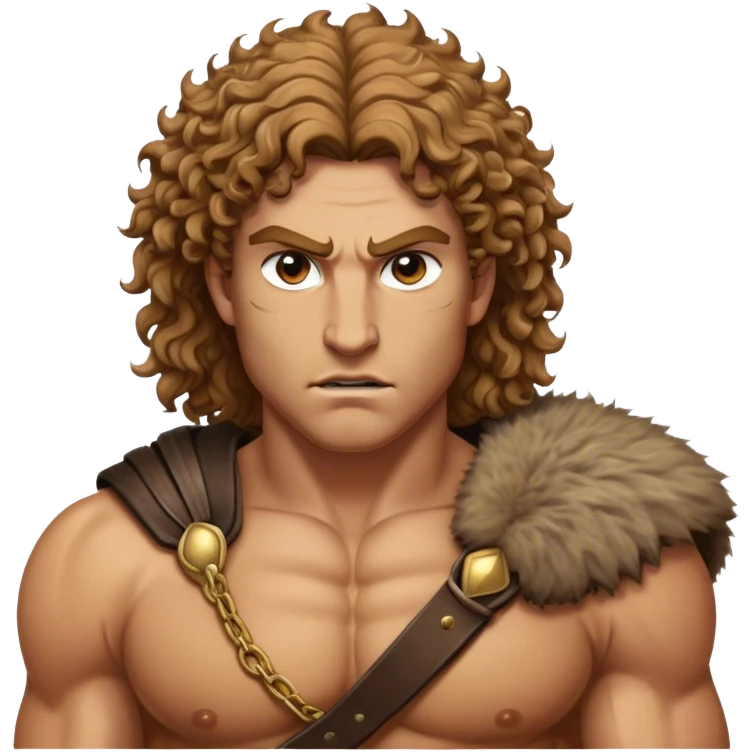 Cinematic Realistic Barbarian Hercules Portrait emoji, depicted as a fierce Greek hero with the chiseled features of Michelangelo's David. His light tan, sculpted skin glows with timeless strength, and his thick, curly, golden brown hair cascades in wild, untamed curls reminiscent of a warrior’s mane. Instead of a flowing white robe with golden accents and a laurel wreath, he wears rugged, weathered leather and fur garments—a tattered, fur-trimmed cloak draped over broad shoulders and a simple circlet forged from iron and bone. His intense, determined eyes exude savage nobility, all rendered under dynamic natural lighting with a mythic, raw, radiant glow. emoji