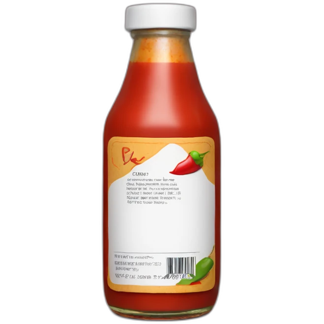 Bottle of hot sauce with a label that has no text and no image other than a red chile emoji