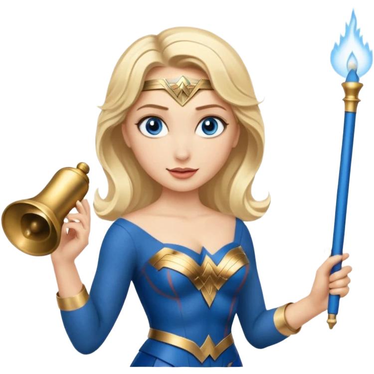 Blonde blue eyes Wonder Woman holding bell and short white orchestra conductor’s baton  emoji