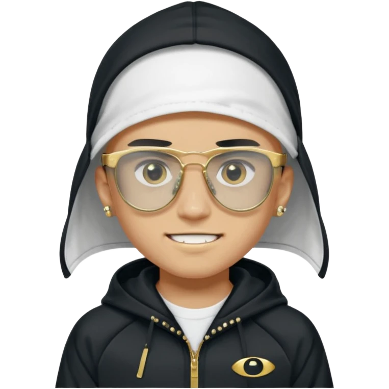 un emoji de un chico emcapuchado blanco, dientes de oro, com uma chaqueta negra nike tech y unas gafas de oakley, con pendientes de diamante, que las gafas sean estilo cuadradas, los pendientes q no se cuelguen, que sean redondos, en las dos cejas un corte, que las gafas no sean circulares emoji