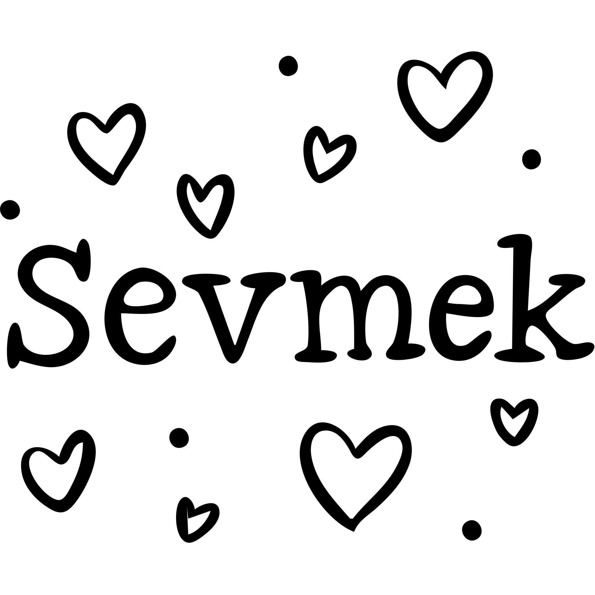 A hand-drawn style icon featuring the word "Sevmek" with love symbols like hearts emoji