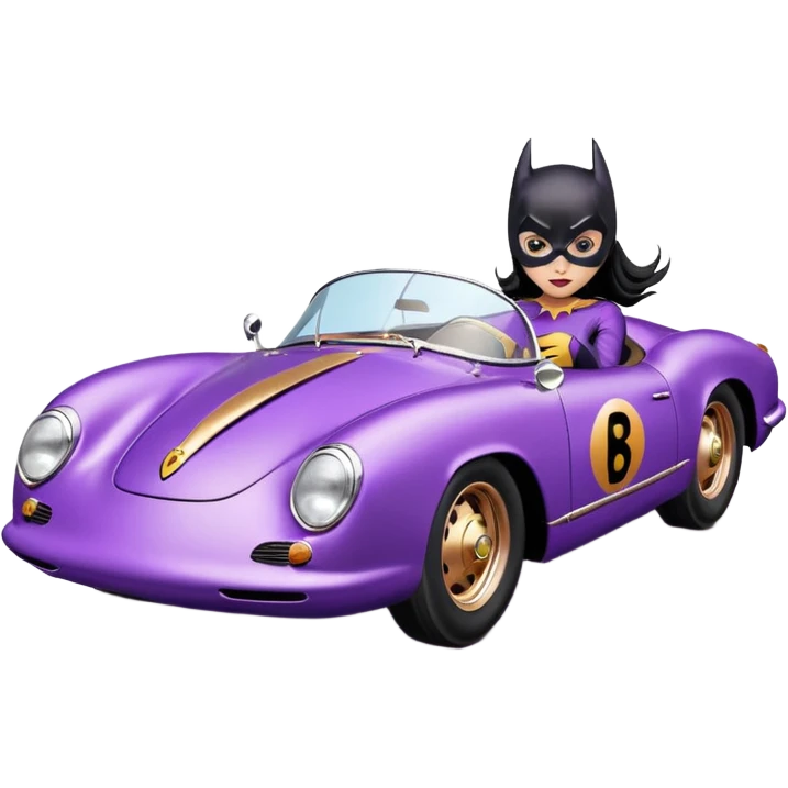 Adult tight purple suit wearing BatGirl driving her satin-black and rose-gold 1955 Porsche 550 Spyder too fast in the country, despite the rainy conditions making the tires slippery, sliding sideways with her black hair fluttering in the wind emoji