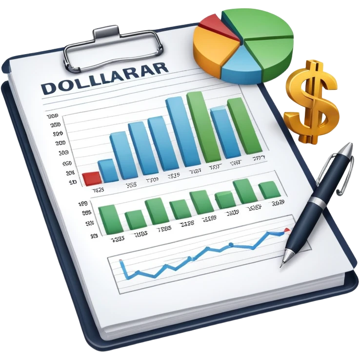 financial documents with charts, dollar sign, and pen emoji