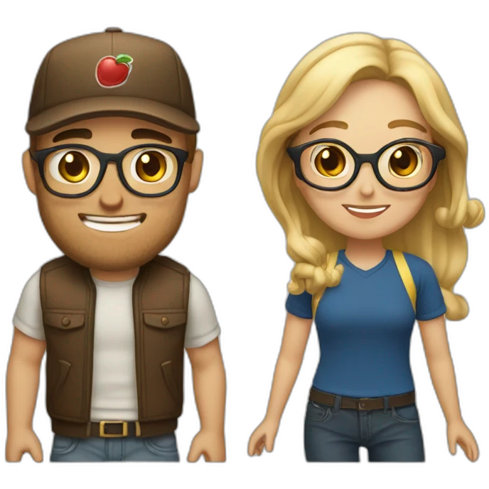 A Women with brown hair and glasses in Love with a blond Man with gold glasses and a baseballcap emoji