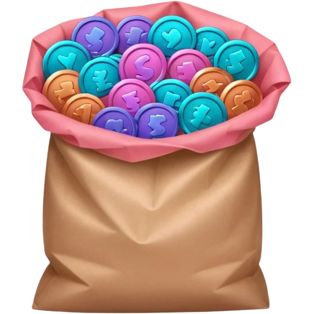 coins in gradient of turquoise, blue, pink, purple, and coral color inside a brown bag emoji
