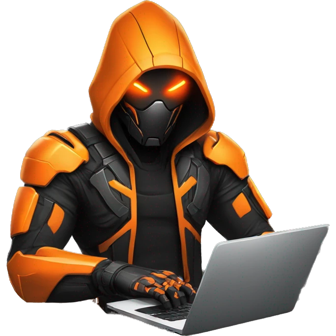  developer behind his laptop with this style : crysis Cyberpunk Valorant orange glowing bright orange character orange black hooded assassin themed character emoji