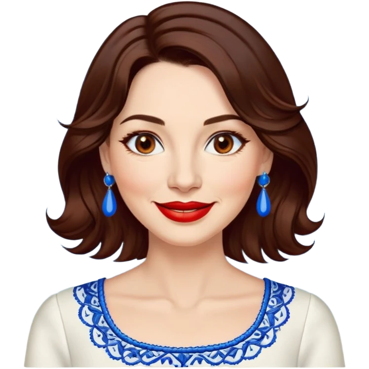 Woman in her 40s with clear skin, round face, wide friendly smile, big light brown eyes, vibrant red lipstick, shoulder-length wavy dark brown hair, white top with blue embroidery and electric blue neckline, mature elegant look emoji