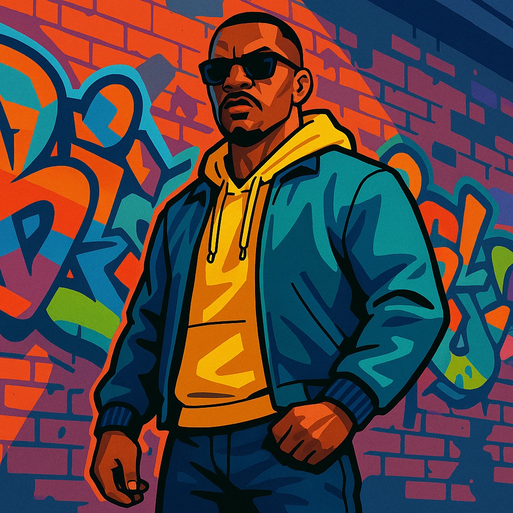 GTA5 style character, tough streetwear, confident pose, urban graffiti background, vibrant toon style emoji