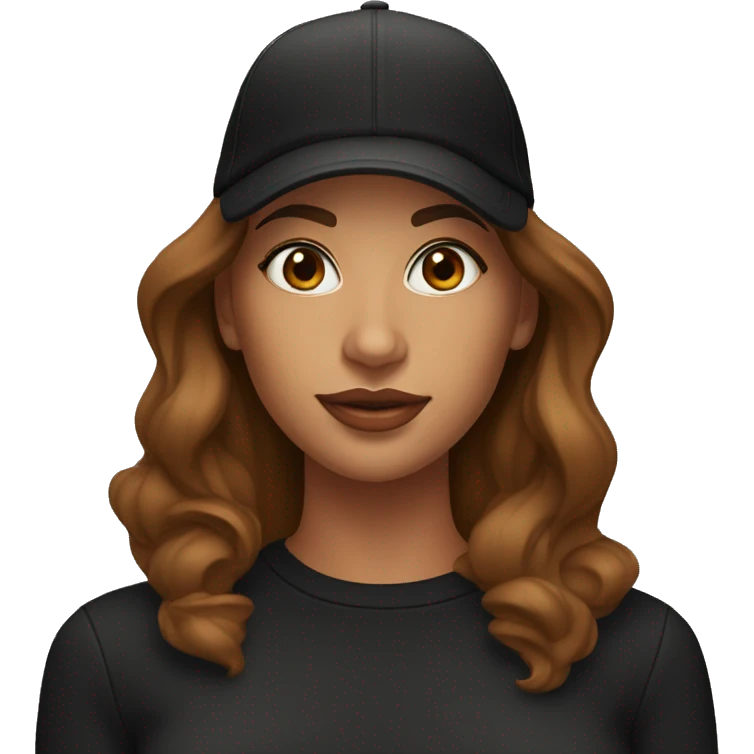 A beautiful tanned woman wearing a cap and a black sweatshirt with a cut-out on her chest, big lips, brown hair. emoji