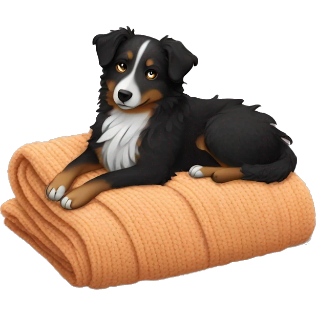 Small black australian shepherd dog sleeping with knit blanket  emoji