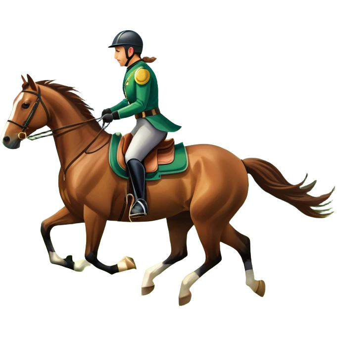 An icon featuring a horse and rider galloping gracefully over a lush green field. The rider is in full gear, guiding the horse with precision. The background shows rolling hills, a clear blue sky, and vibrant sunlight illuminating the scene. Transparent background highlights the elegance emoji