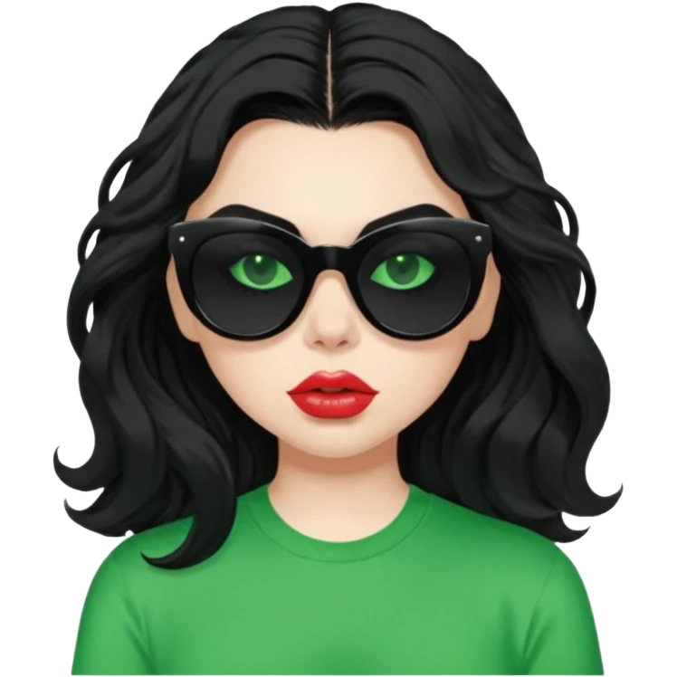 current charli xcx with her long black wavy hair, thick black out sunglasses, pale skin, closed pouting lips, and a bright green top that said brat in the brat font. emoji