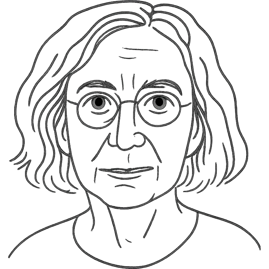 a hand drawn black outline portrait of philosopher Catherine Larrère with similar-sized eyes based a famous portrait of her emoji