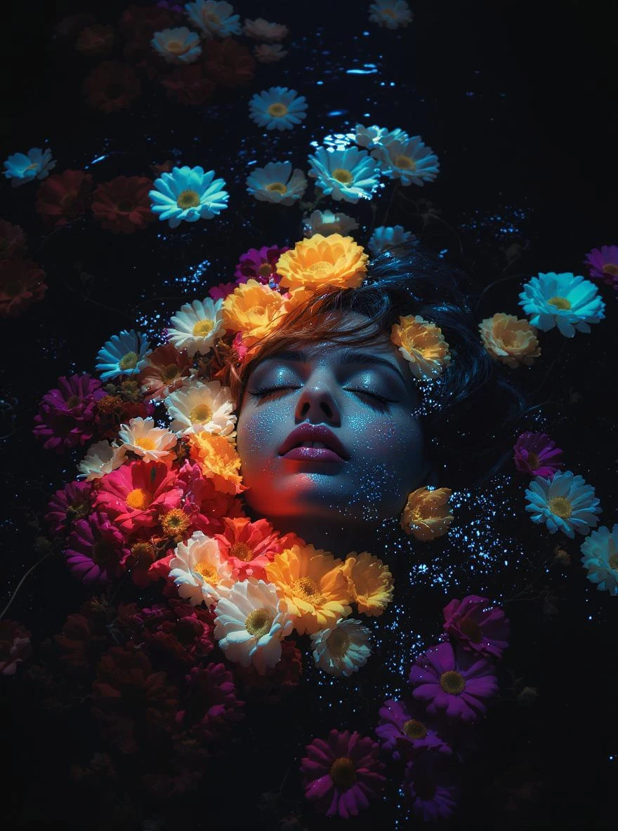 Camera drom top, Motion blur Extreme Closeup photo of a beautifull woman lay around beautifull colorfull flowers in water, cinematic light, 8K, very detailed, sharp, depth (foreground, midground, background) Spotlight, dark environemnt, blue and orange colors emoji