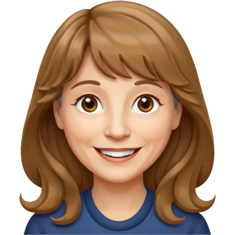 60 yr old woman, very small brown eyes, long wavy light brown hair, bangs,  emoji