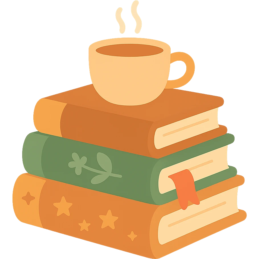 A cute stack of books with a cozy and magical vibe, each book bound in soft, harmonious colors: golden orange (FA9B41), forest green (4A7C5C), warm taupe brown (96775A), and pastel peach (FFCC9A). The books are slightly worn with rounded corners and decorative covers featuring tiny stars, floral motifs, or whimsical patterns. A ribbon bookmark peeks out from one, and a small cup of tea or magical trinket rests on top of the stack. The lighting is warm and gentle, with a dreamy, storybook feel. The overall scene feels inviting, charming, and gently enchanted emoji