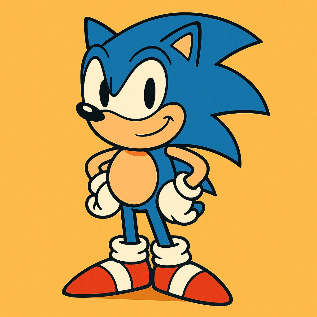 Sonic the Hedgehog, standing with a confident smile, red shoes, cartoon style emoji