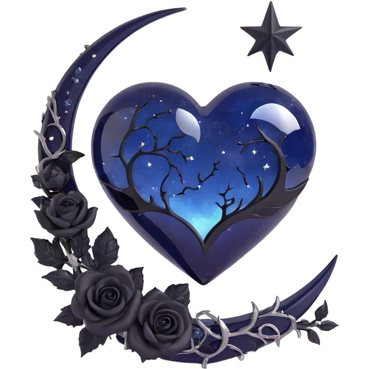 gothic heart, midnight blue glass, silver crescent moon, black roses, stardust, lightning, rain, cracked glass, minimal style emoji