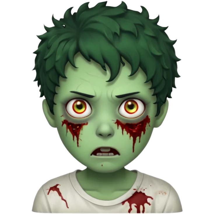 zombie character with green skin, messy short curly black hair, and no glasses. Give him large expressive eyes, a slightly frightened or eerie expression, subtle wounds, dark under-eye shadows, and a few cracks or dried blood marks on the face.  white shirt and without bleeding eyes **BLACK HAIR** emoji