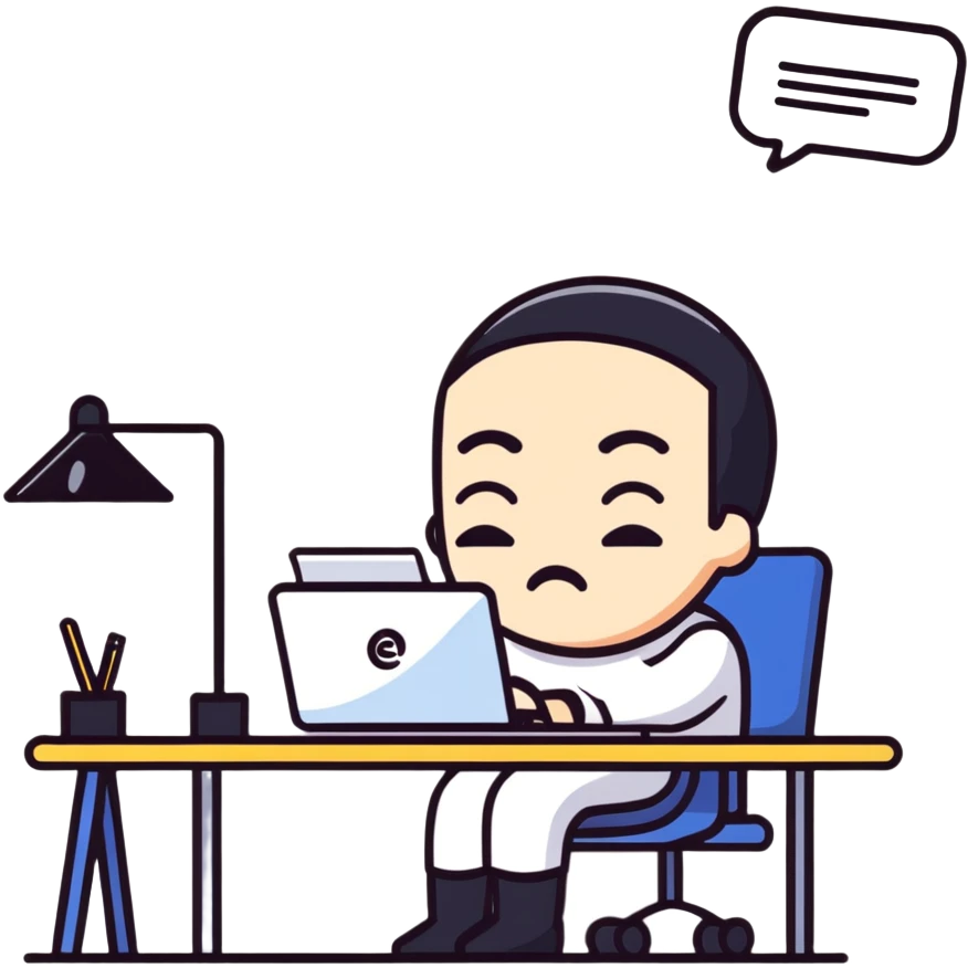 Person taking a deep breath with eyes closed, sitting at desk with email notification on screen emoji