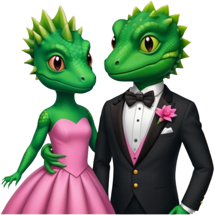 Lizard wears a cute pink dress with her lizard man wears tux emoji