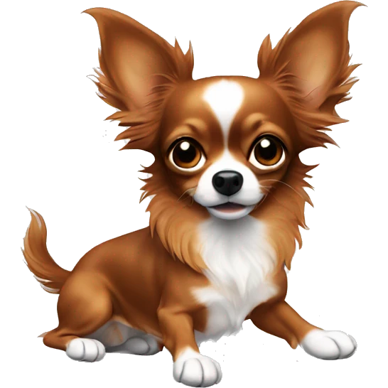 Long haired reddish brown chihuahua with white spots playing emoji