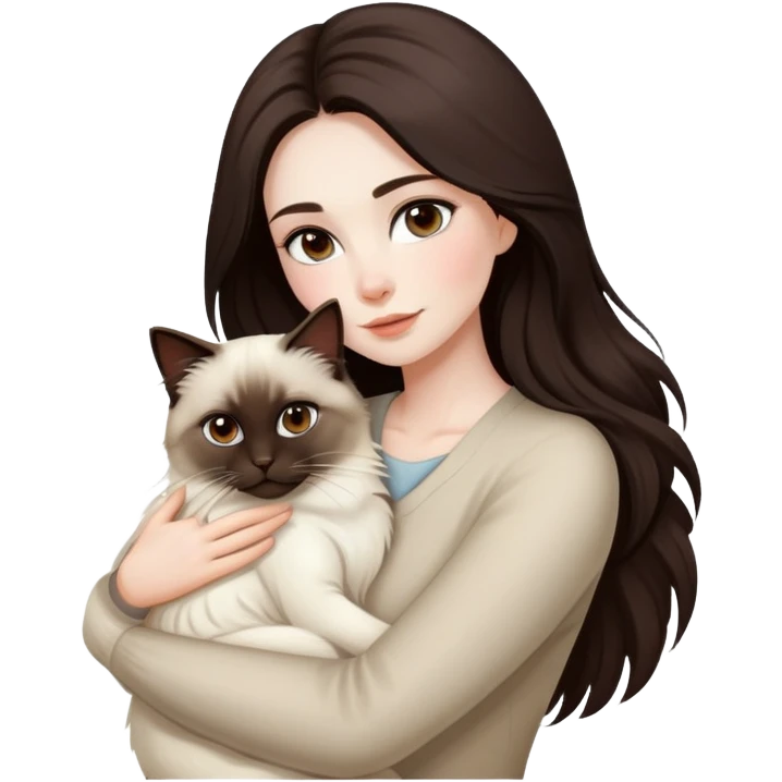 Beautiful woman long dark brown hair, pale skin, dark brown eyes,  hug birman cat emoji