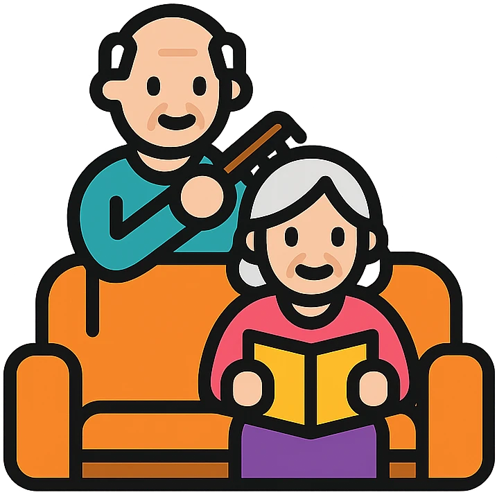 An elderly man combing the hair of an elderly woman sitting on a sofa reading a book emoji