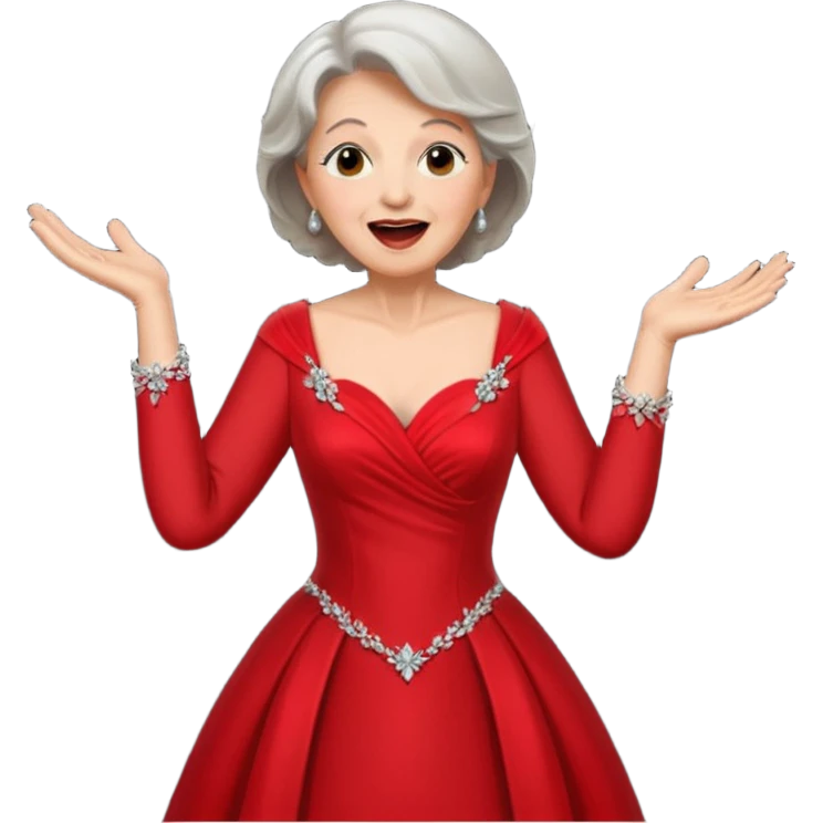 Older woman – elegant gown, 50s, red dress, expressive singing pose emoji