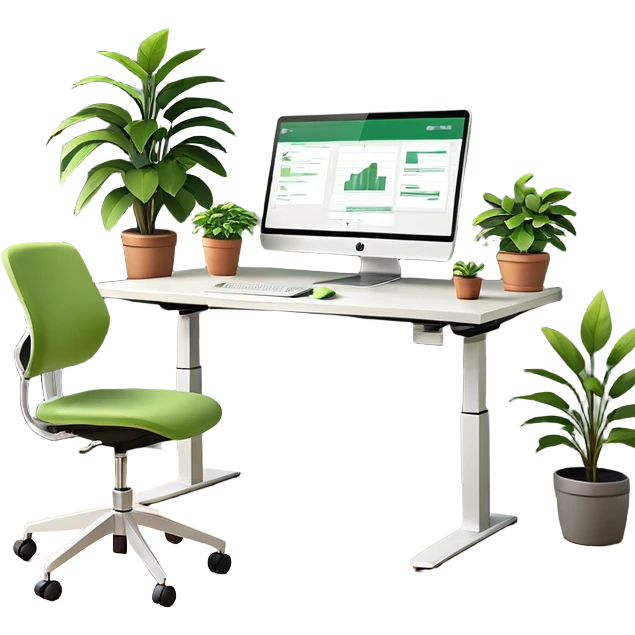An ergonomic office setup with a height-adjustable desk and a large flat monitor on top. Next to it, a modern ergonomic swivel chair with supportive backrest, and a small potted plant placed on the desk or floor to add a healthy touch emoji